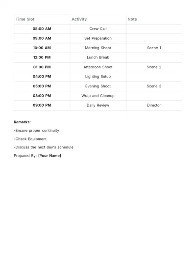 Free Film Schedule Template to Edit Online
