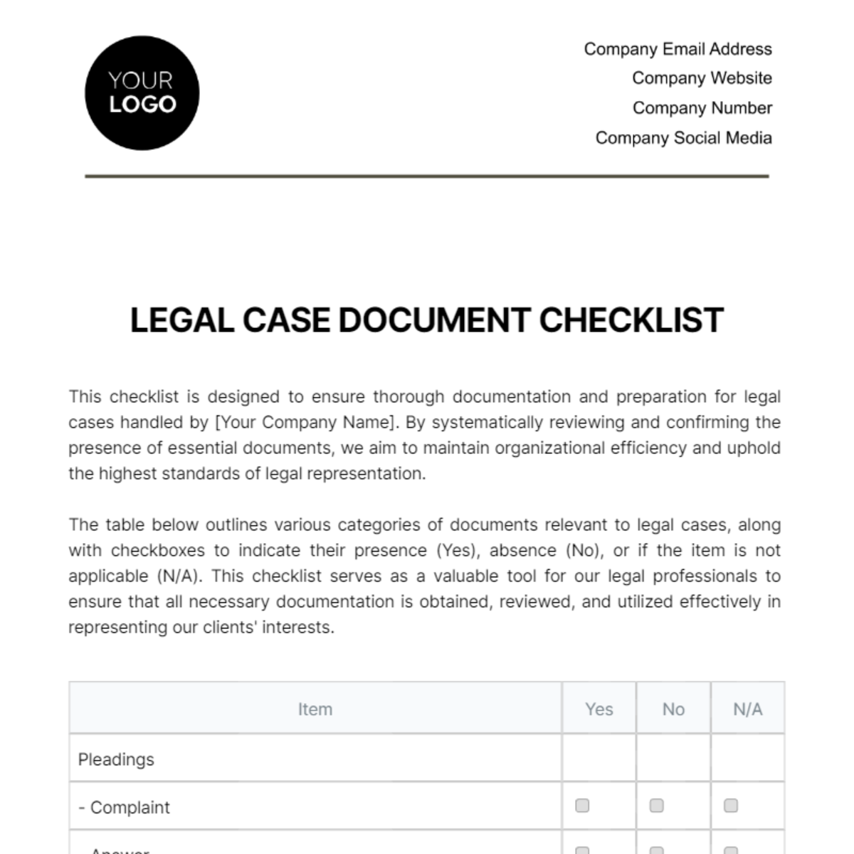Free Legal Case Document Checklist Template