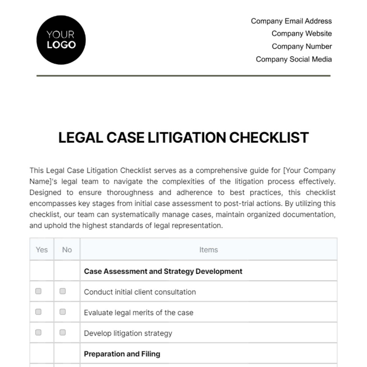 Free Legal Case Litigation Checklist Template