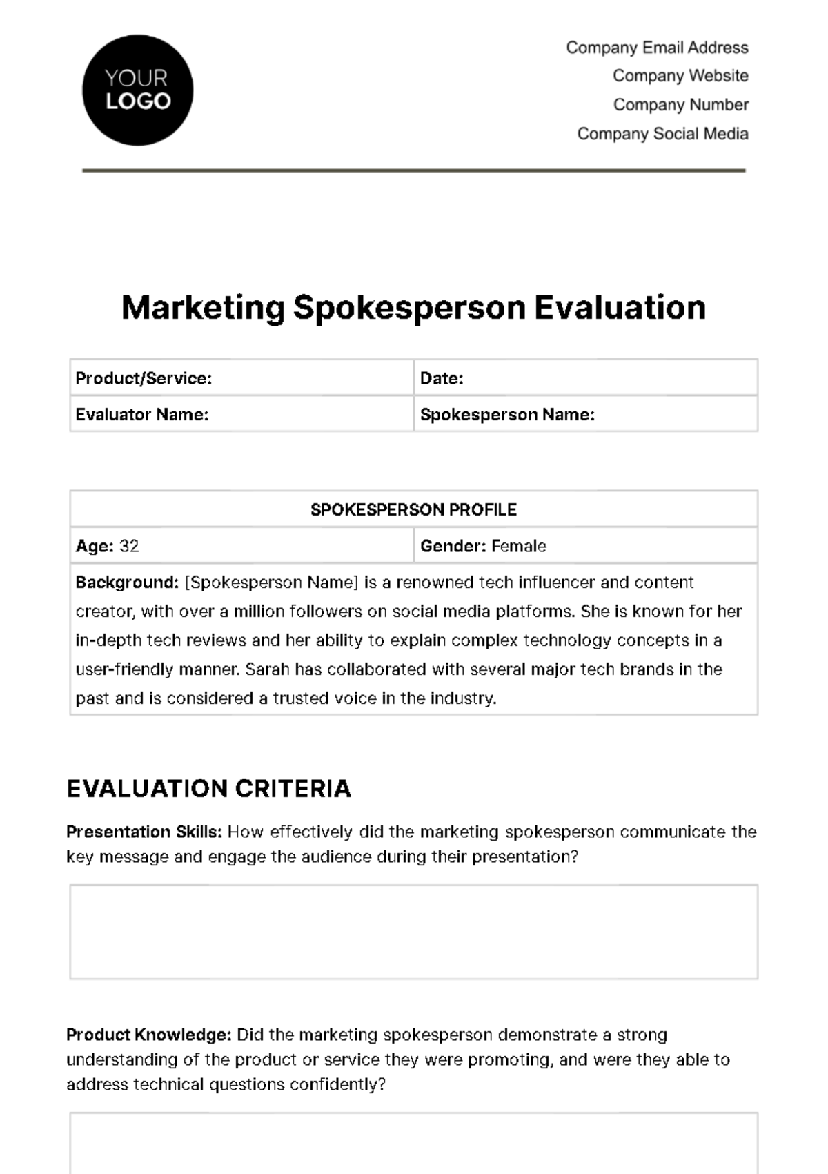Free Marketing Spokesperson Evaluation Template