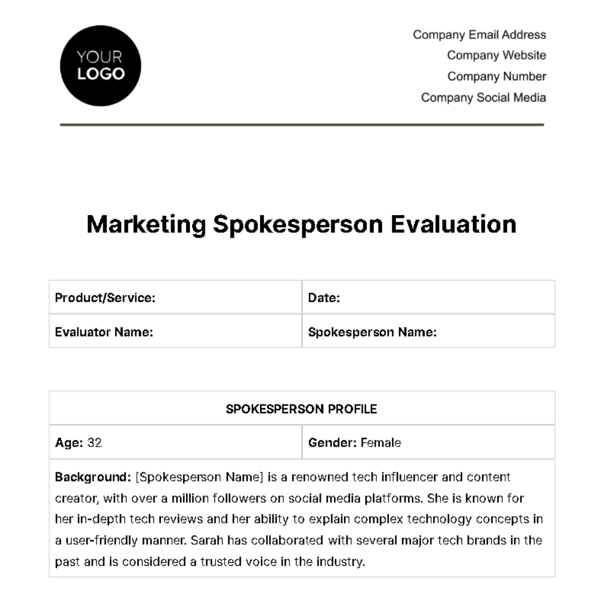 Marketing Spokesperson Evaluation Template