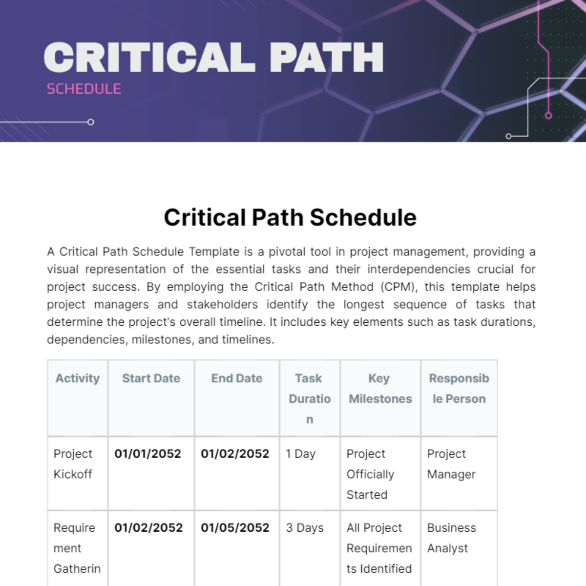 Critical Path Schedule Template