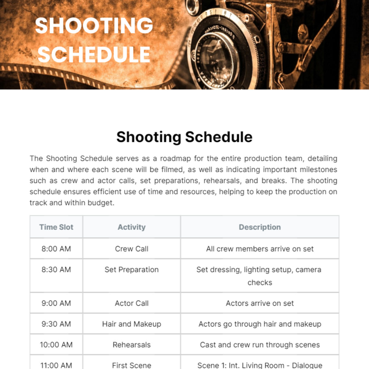 Shooting Schedule Template - Edit Online & Download