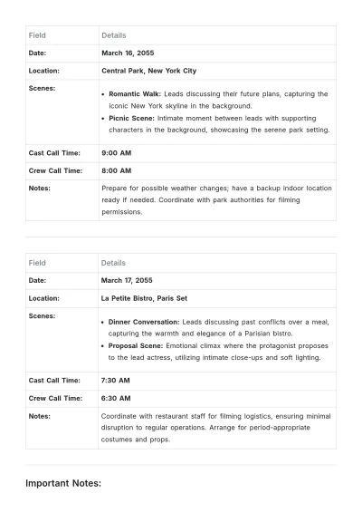 Free Shooting Schedule Template to Edit Online