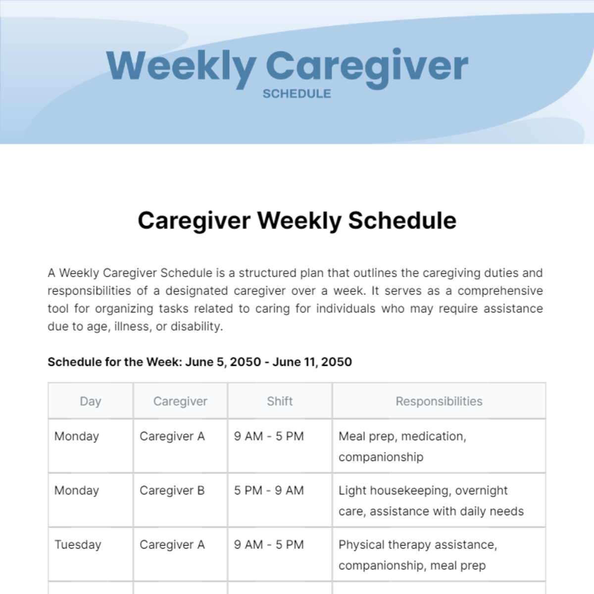 Weekly Caregiver Schedule Template
