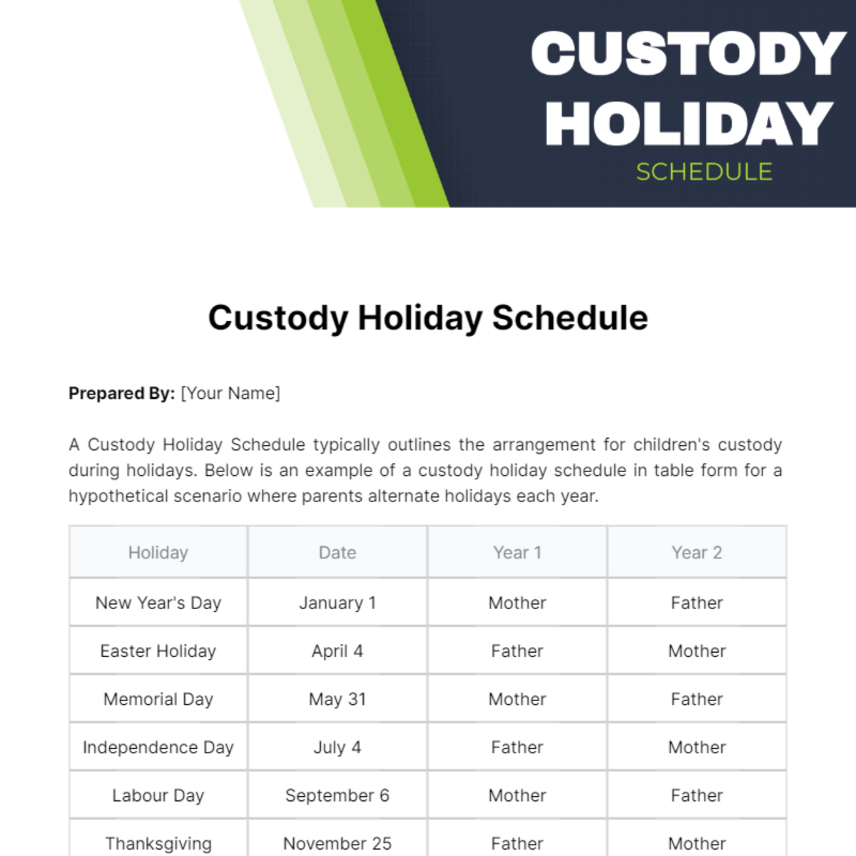 Free Custody Holiday Schedule Template To Edit Online