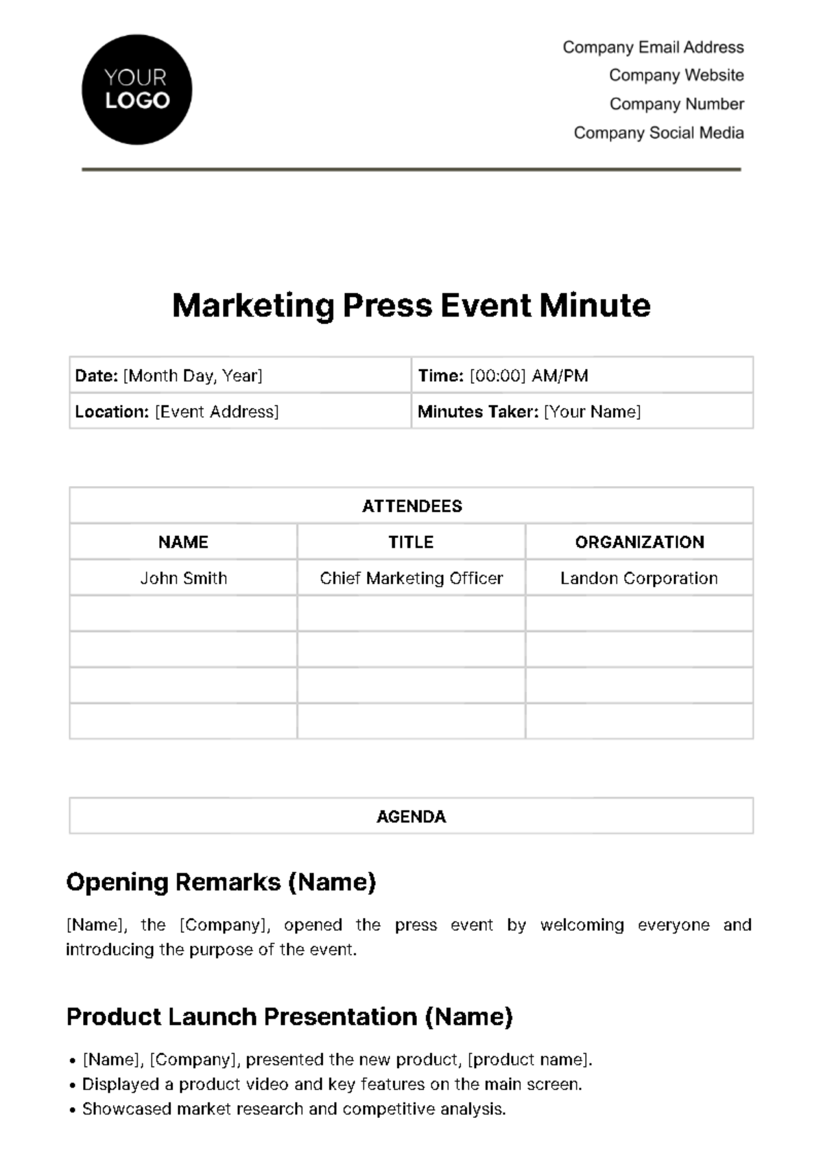 Marketing Press Event Minute Template