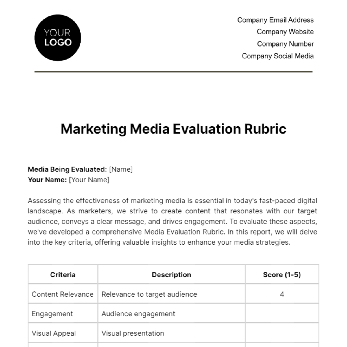 Marketing Media Evaluation Rubric Template