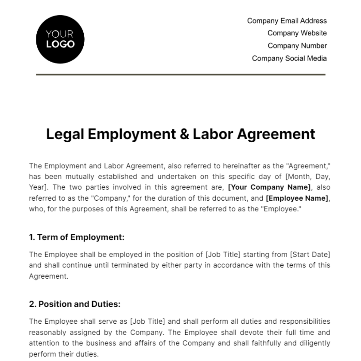 Legal Employment & Labor Agreement Template