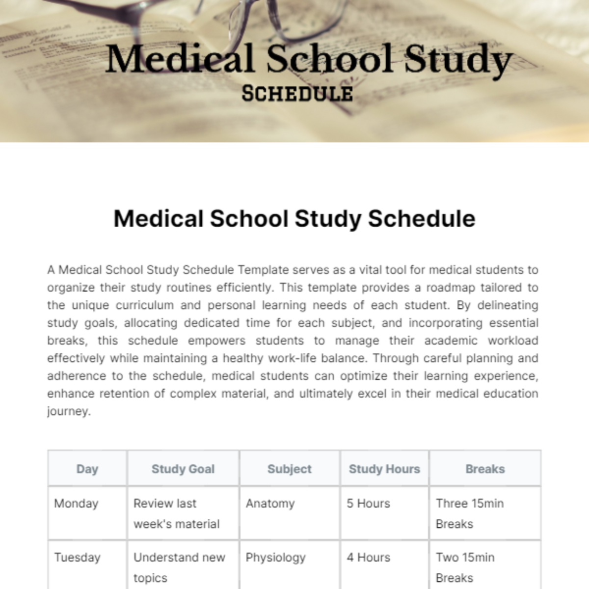 Medical School Study Schedule Template