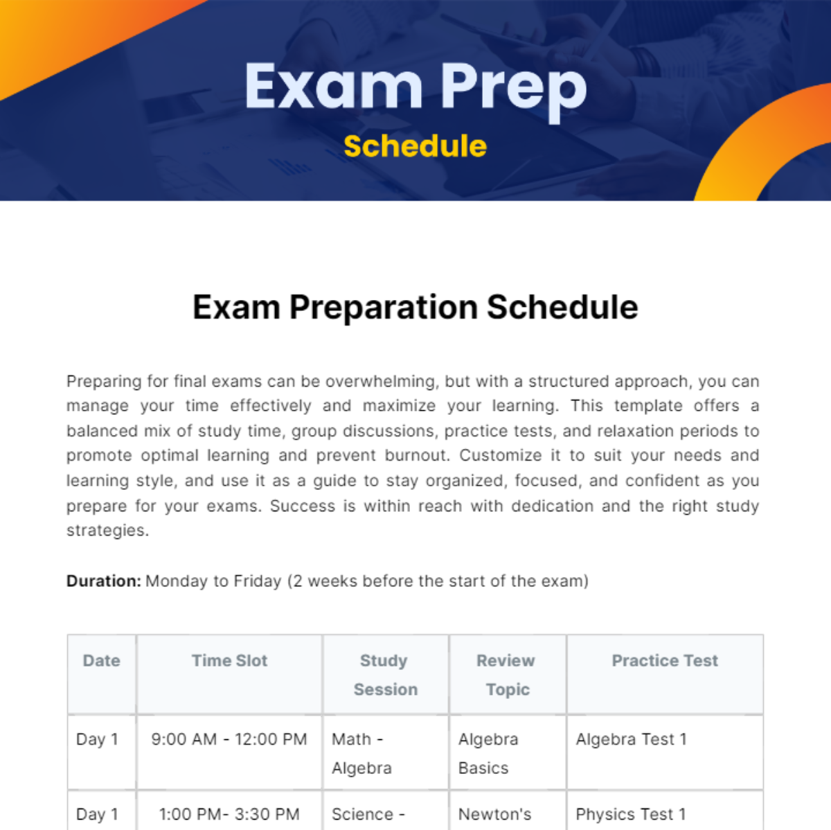 Exam Prep Schedule Template - Edit Online & Download