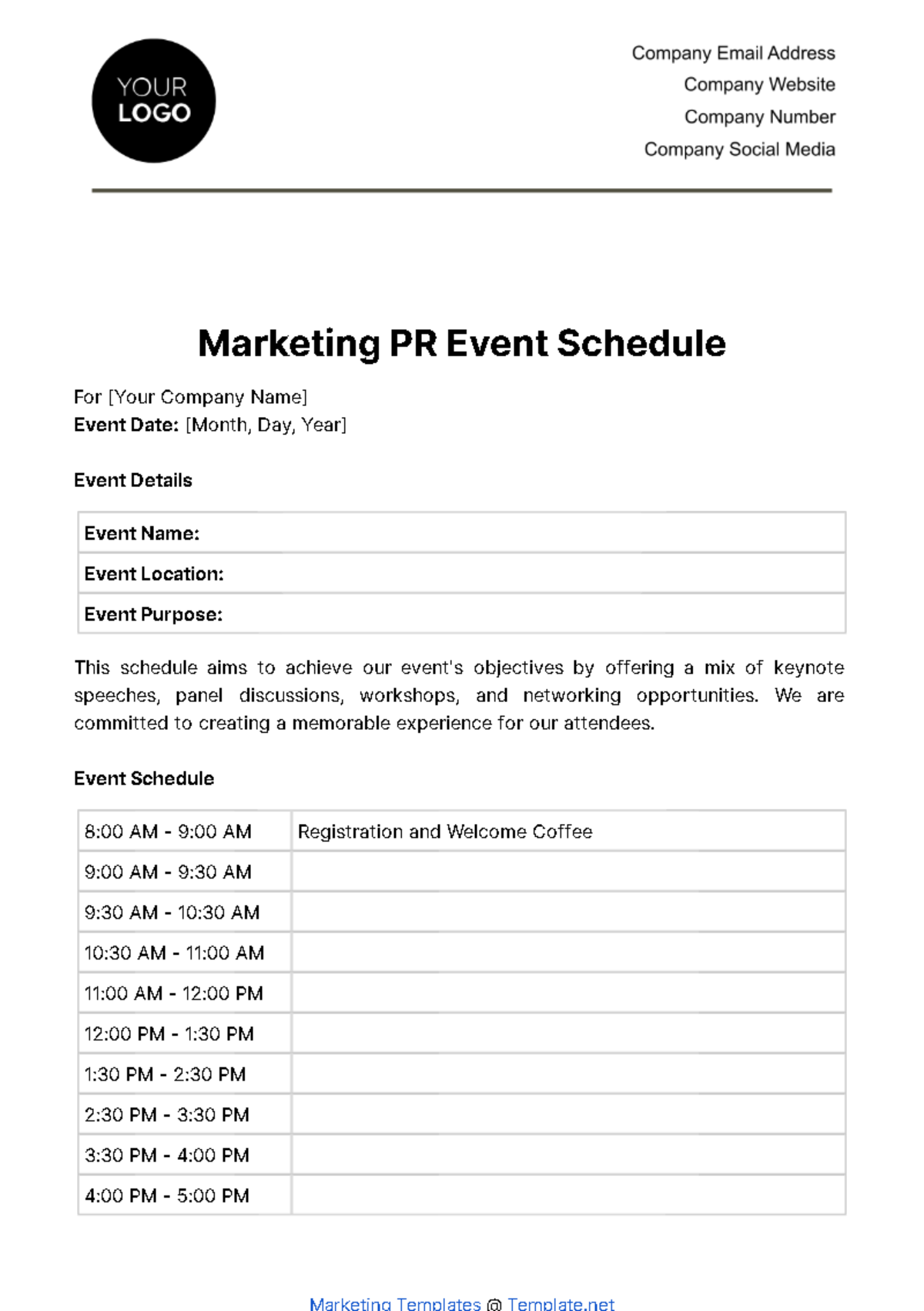 Free Marketing PR Event Schedule Template