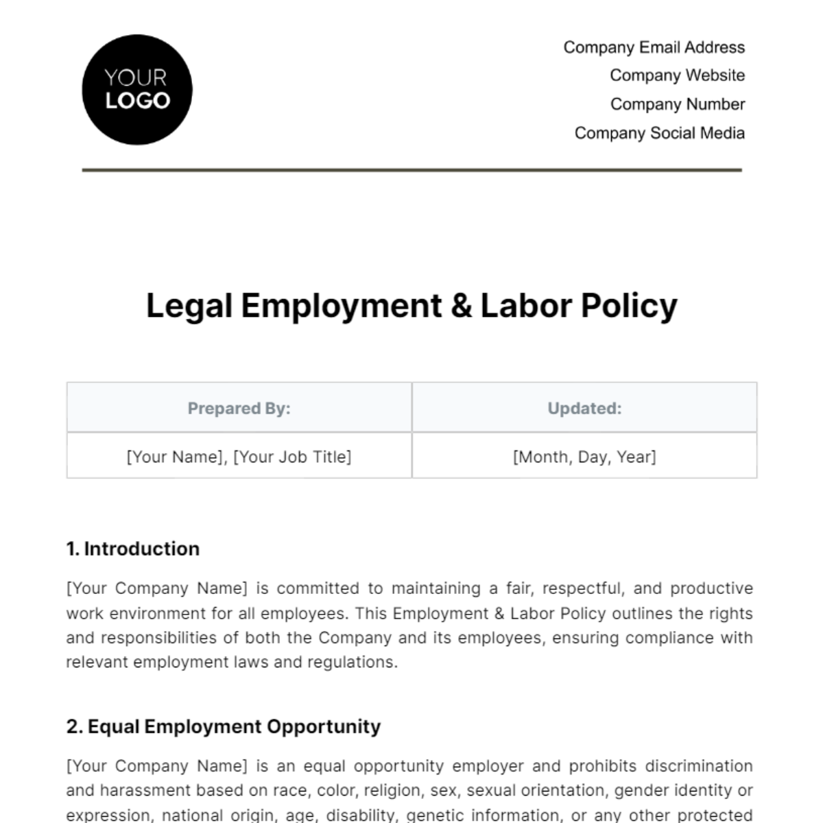 Legal Employment & Labor Policy Template