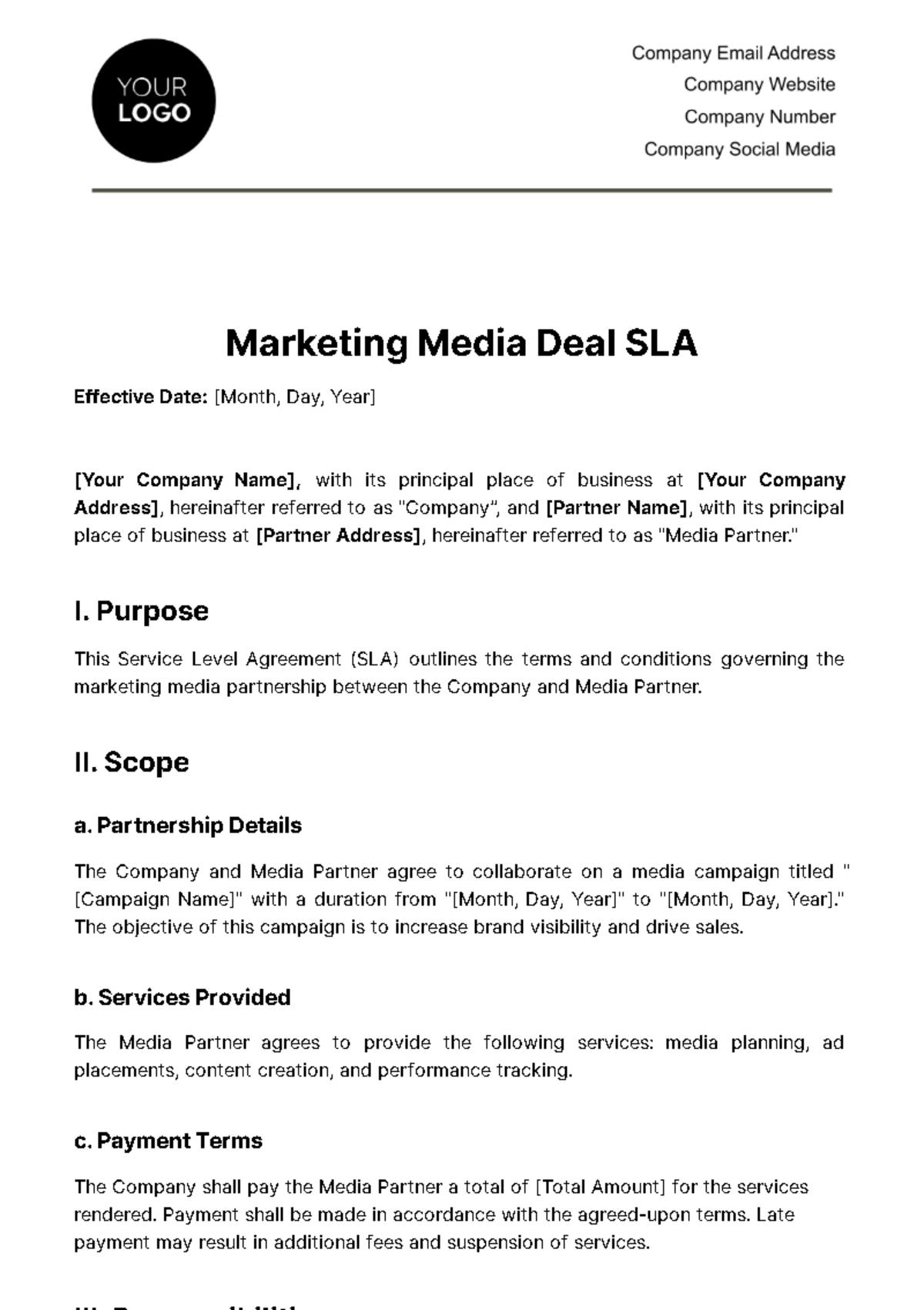 Marketing Media Deal SLA Template