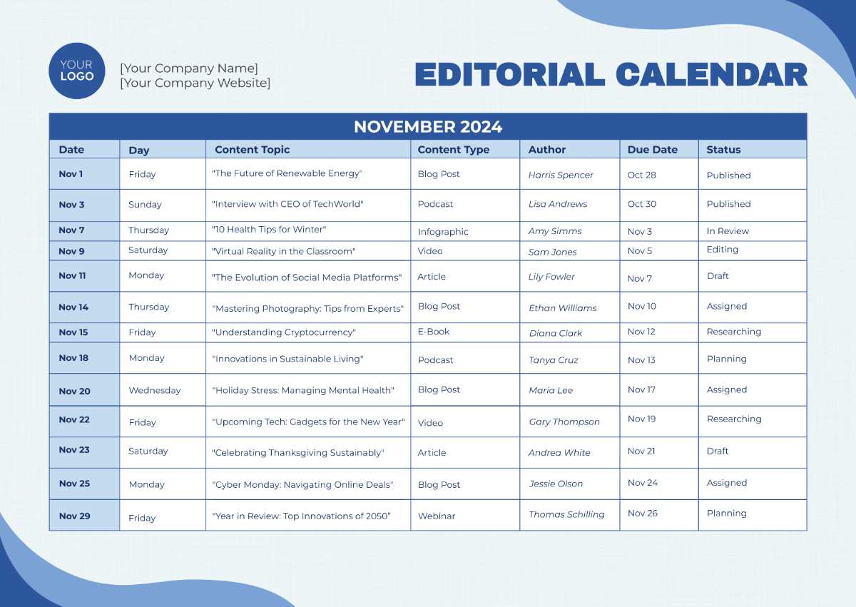 Free Editorial Calendar Template