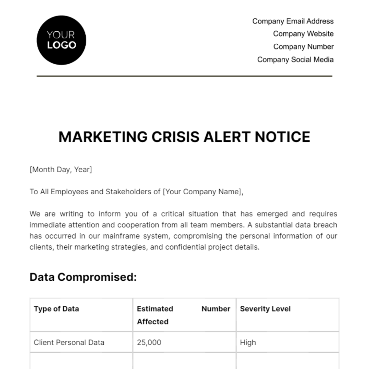 Marketing Crisis Alert Notice Template