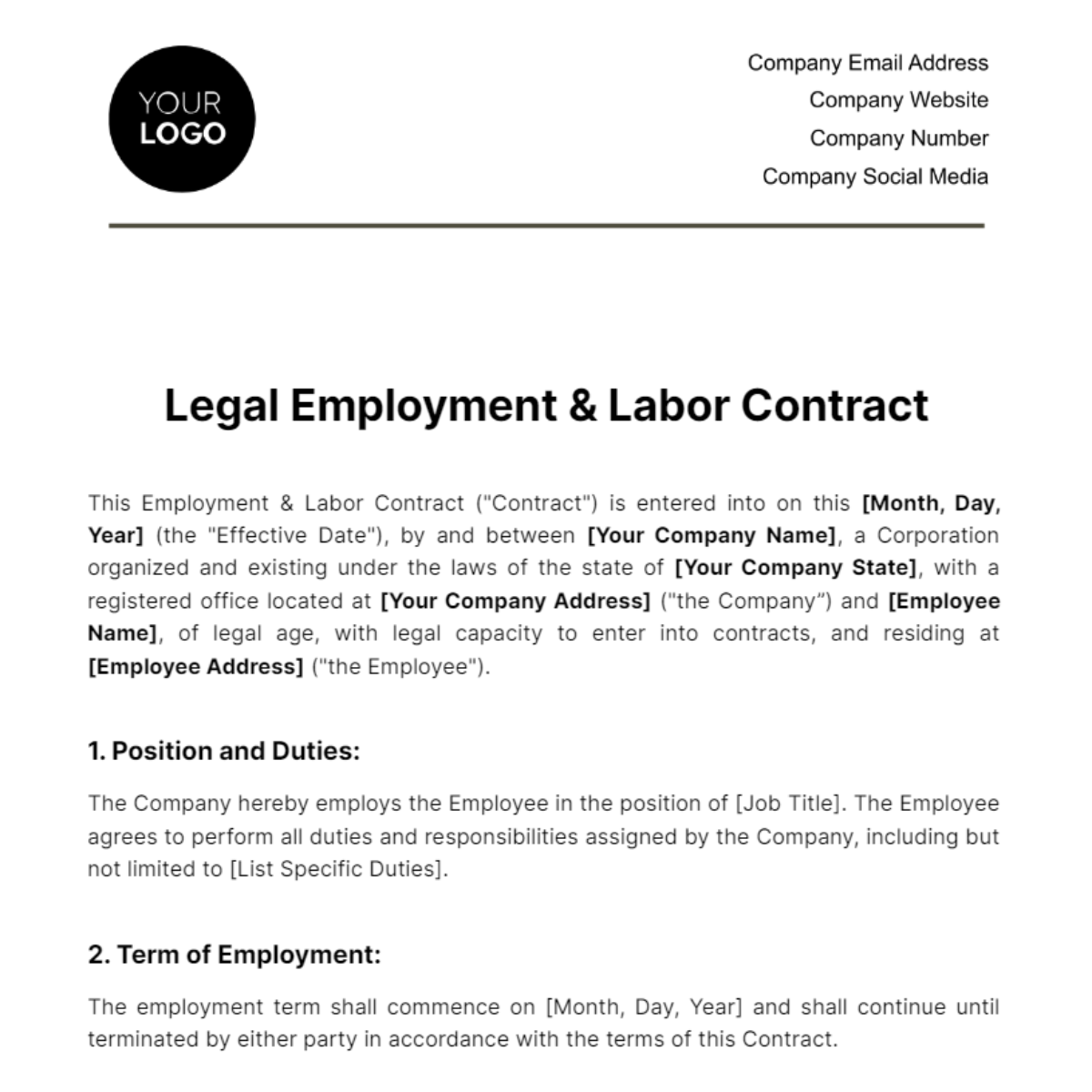Free Legal Employment & Labor Contract Template
