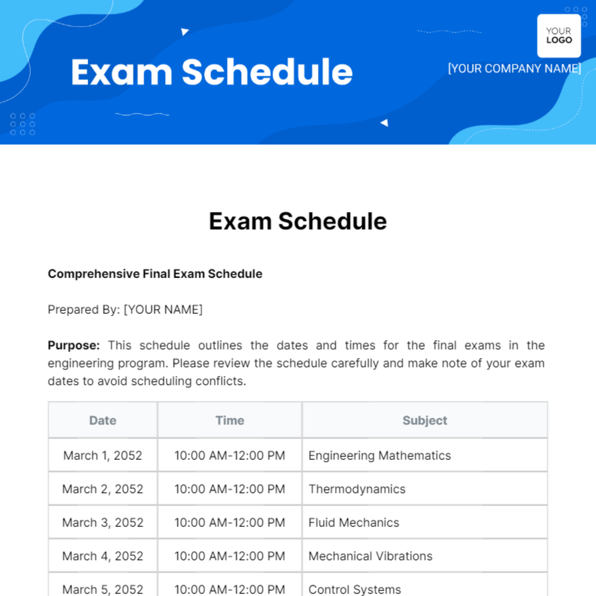 Exam Schedule Template