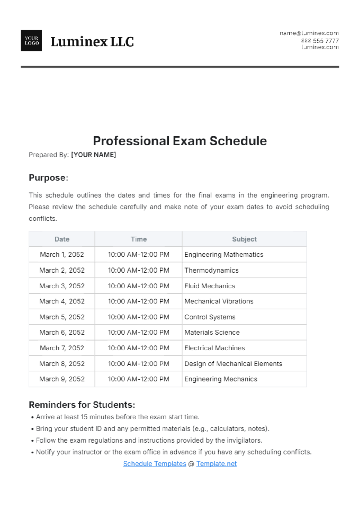 Professional Exam Schedule Template - Edit Online & Download