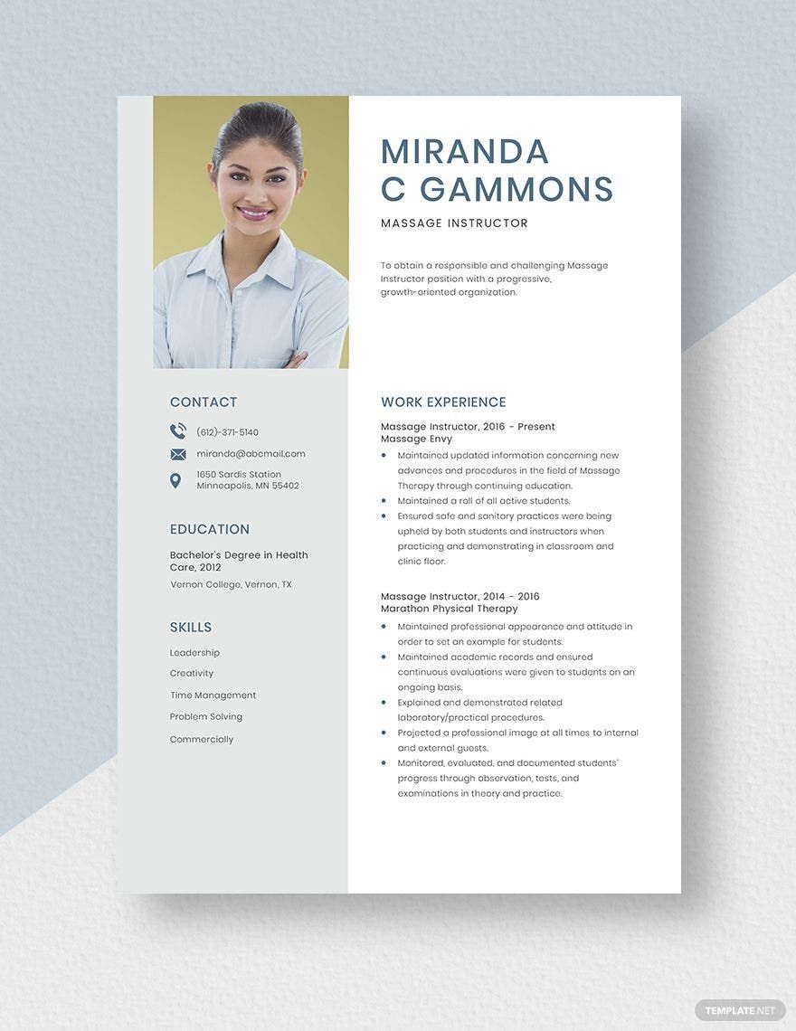Free Massage Instructor Resume in Word, Apple Pages