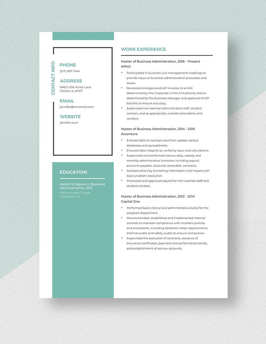 Master of Business Administration Resume
