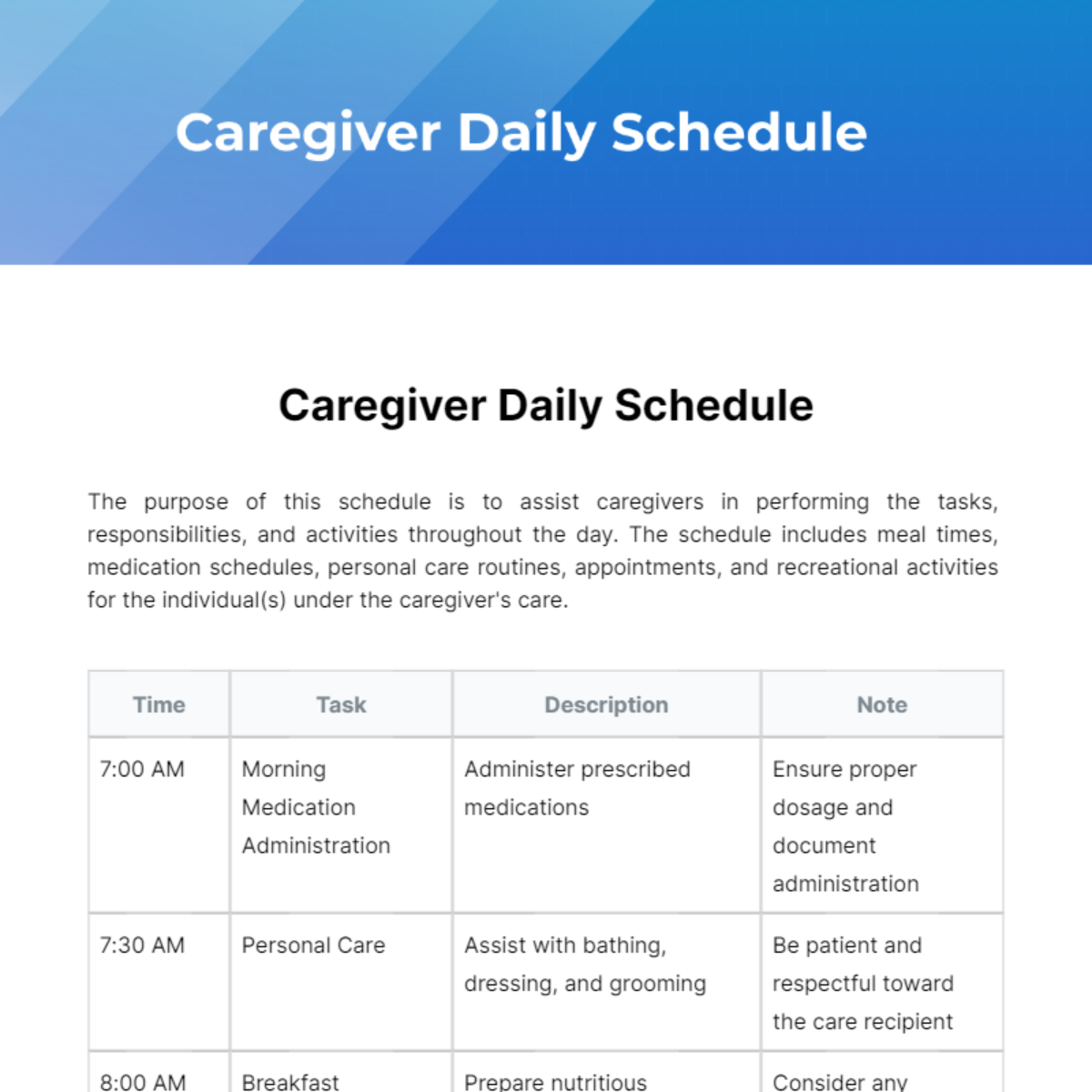 Caregiver Daily Schedule Template - Edit Online & Download