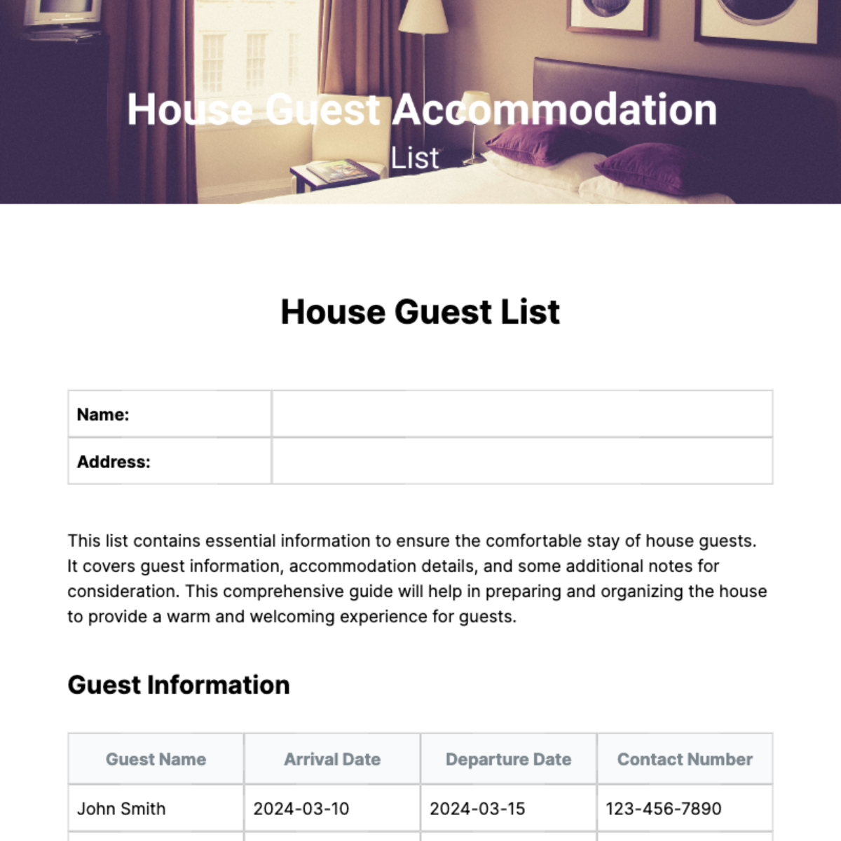 House Guest List Template