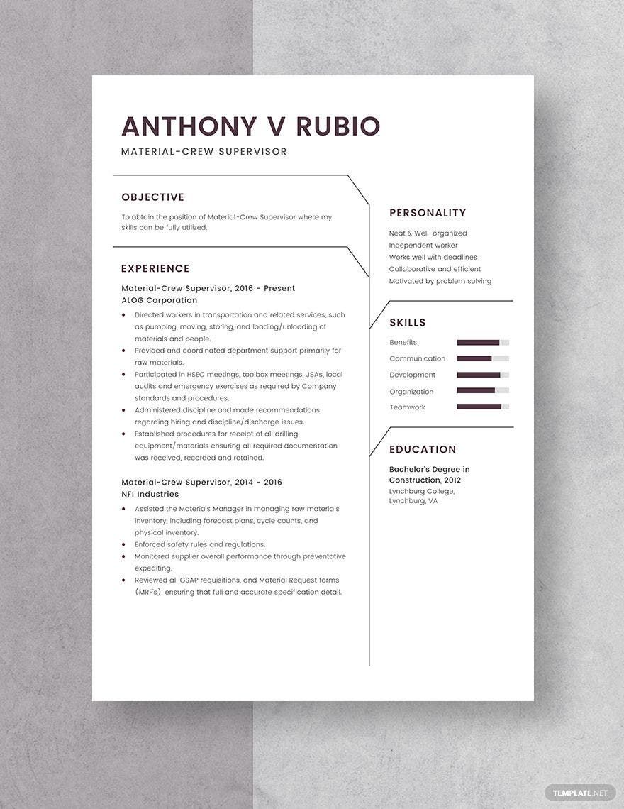 Free Material Crew Supervisor Resume - Download in Word, Apple Pages