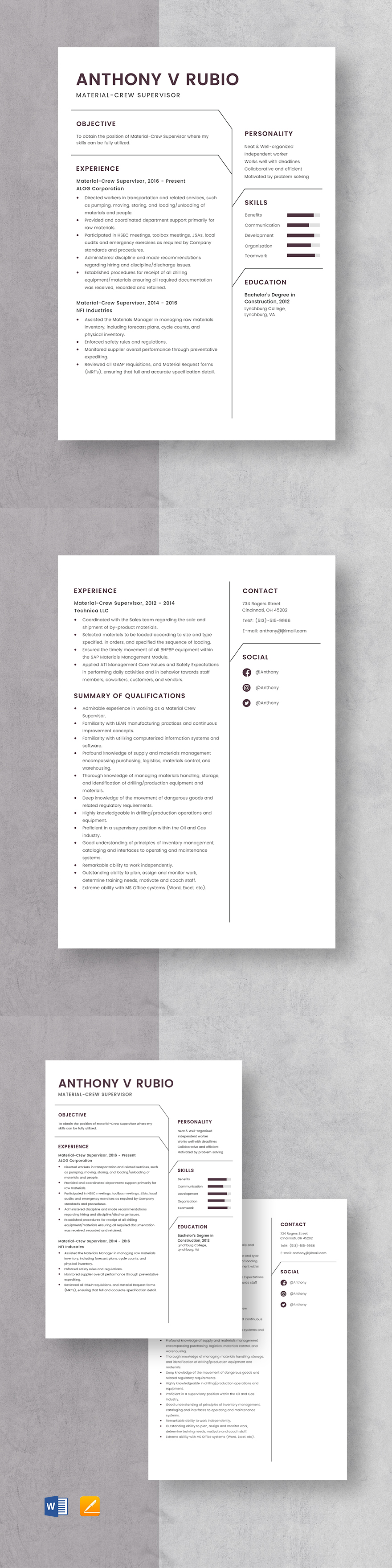 Free Material Crew Supervisor Resume Template Word Apple Pages Template