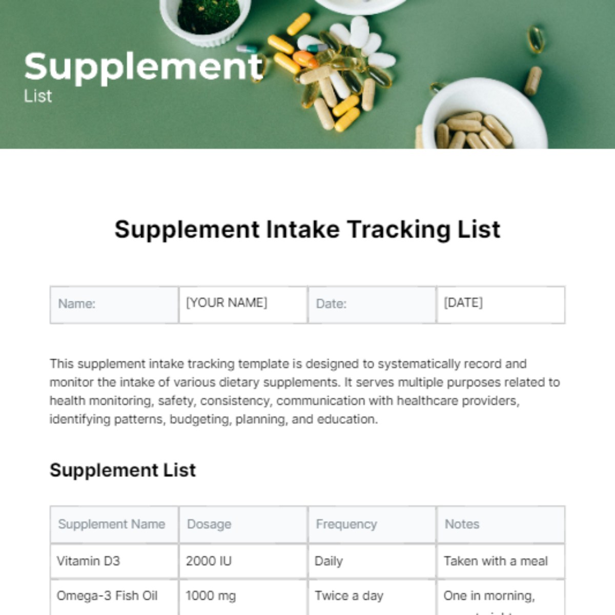 Supplement List Template
