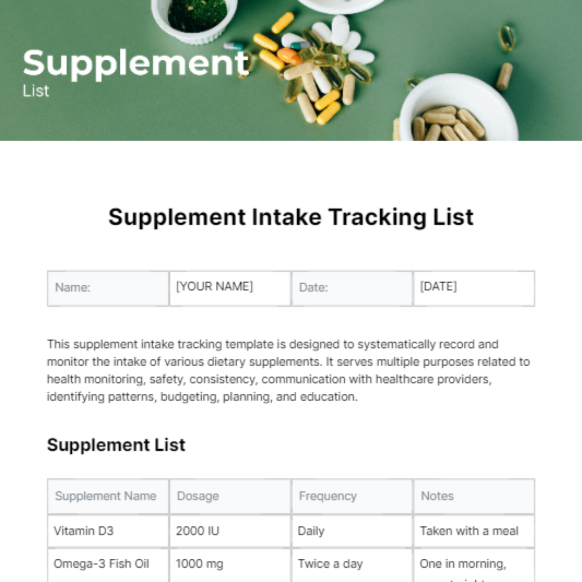 Supplement List Template - Edit Online & Download