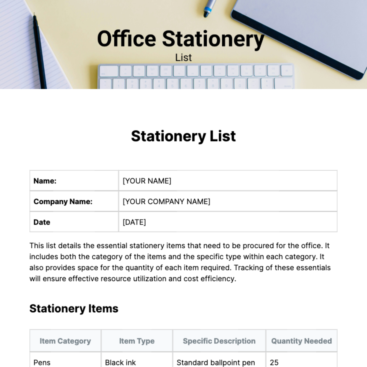 Stationery List Template