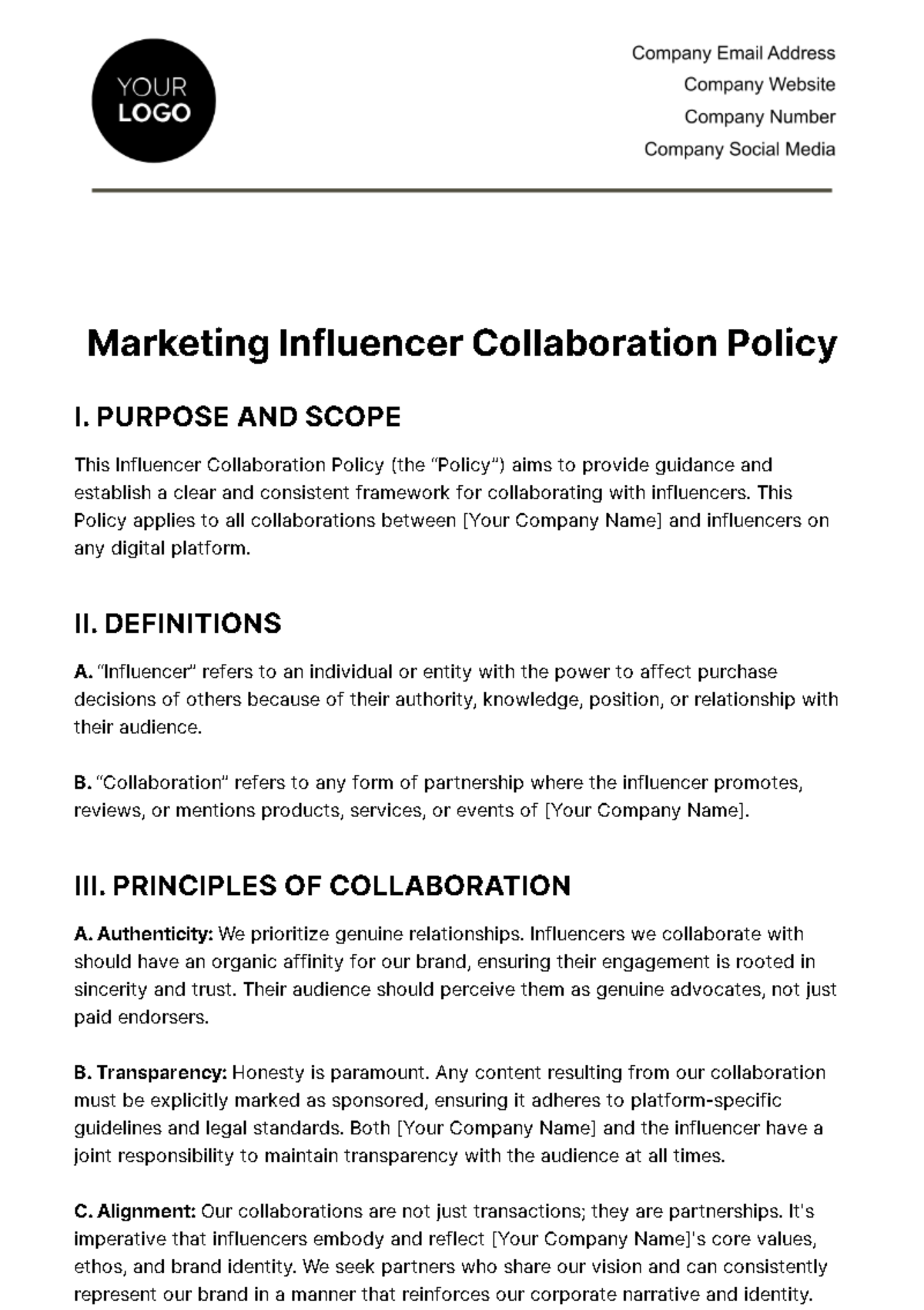 Free Marketing Influencer Collaboration Policy Template