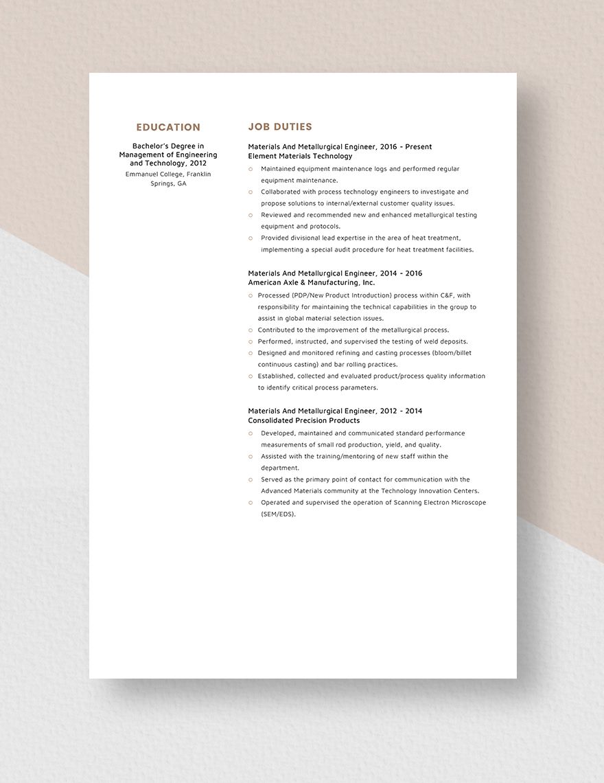 Materials And Metallurgical Engineer Resume