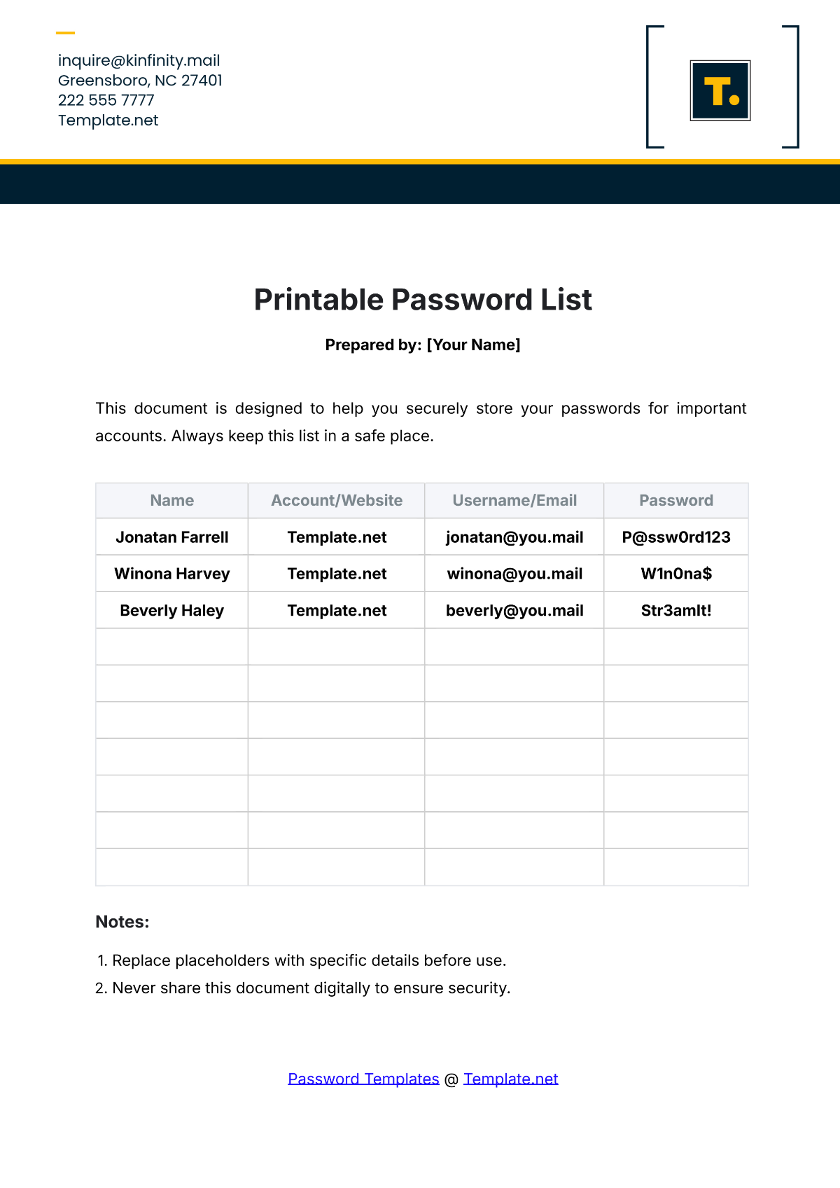 Printable Password List Template