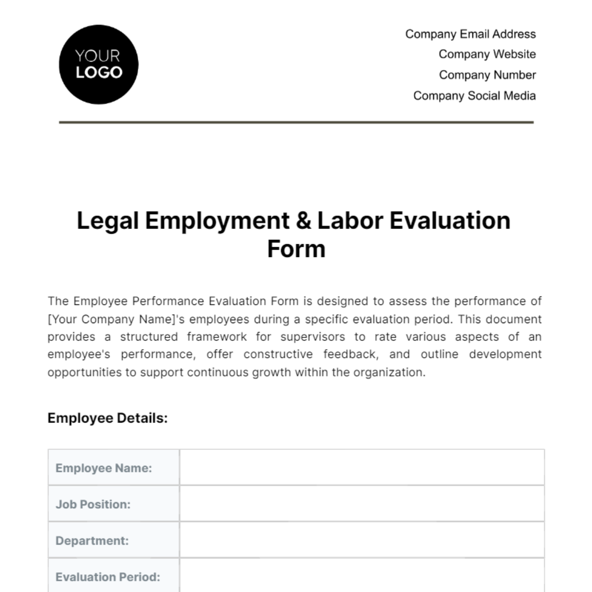 Legal Employment & Labor Evaluation Form Template
