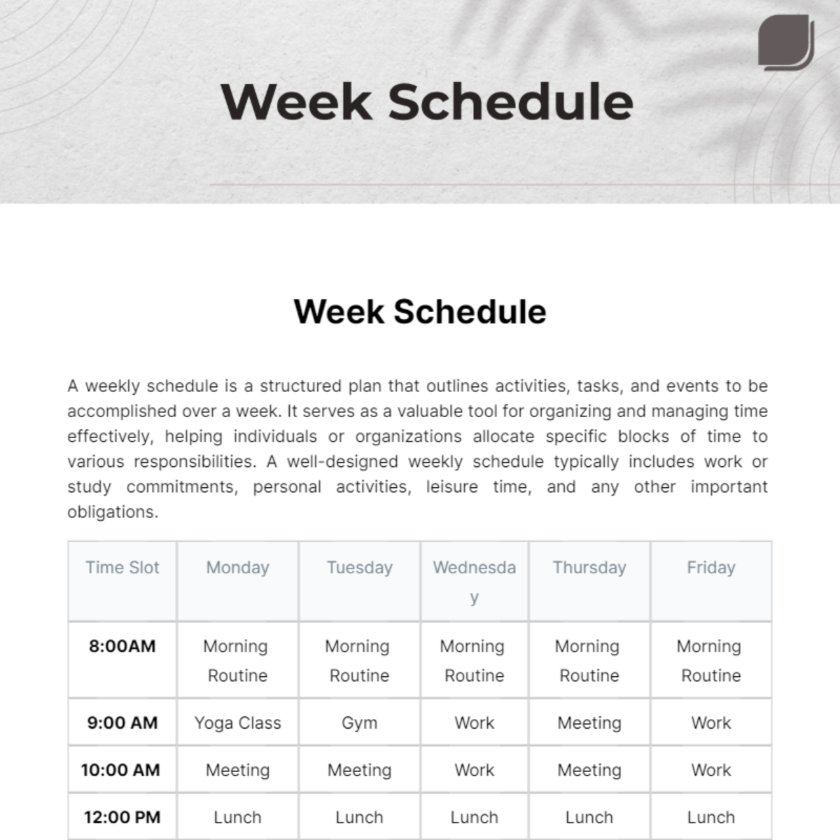 Week Schedule Template