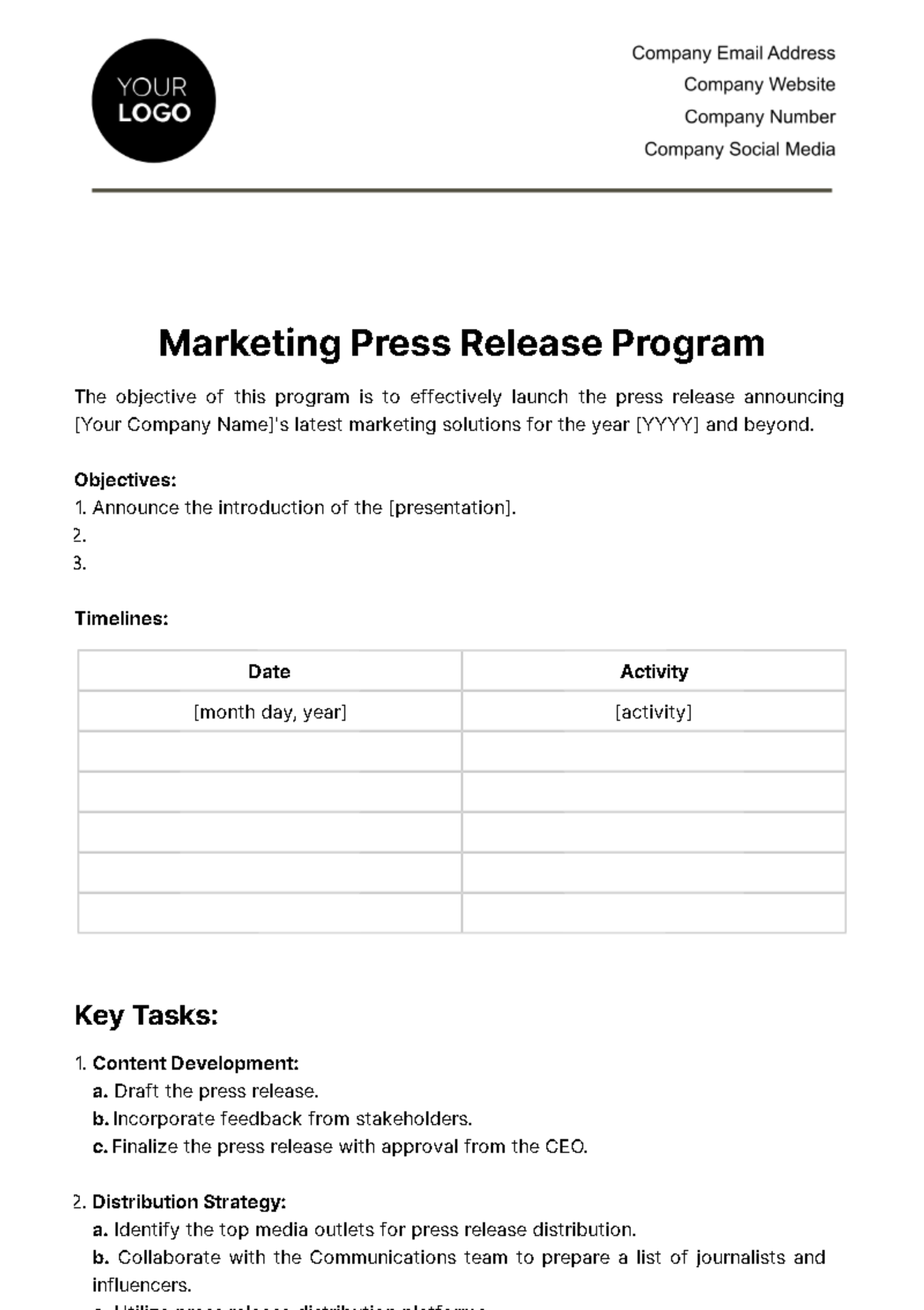 Free Marketing Press Release Program Template