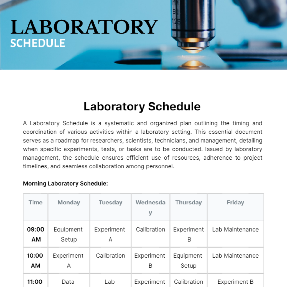 Laboratory Schedule Template