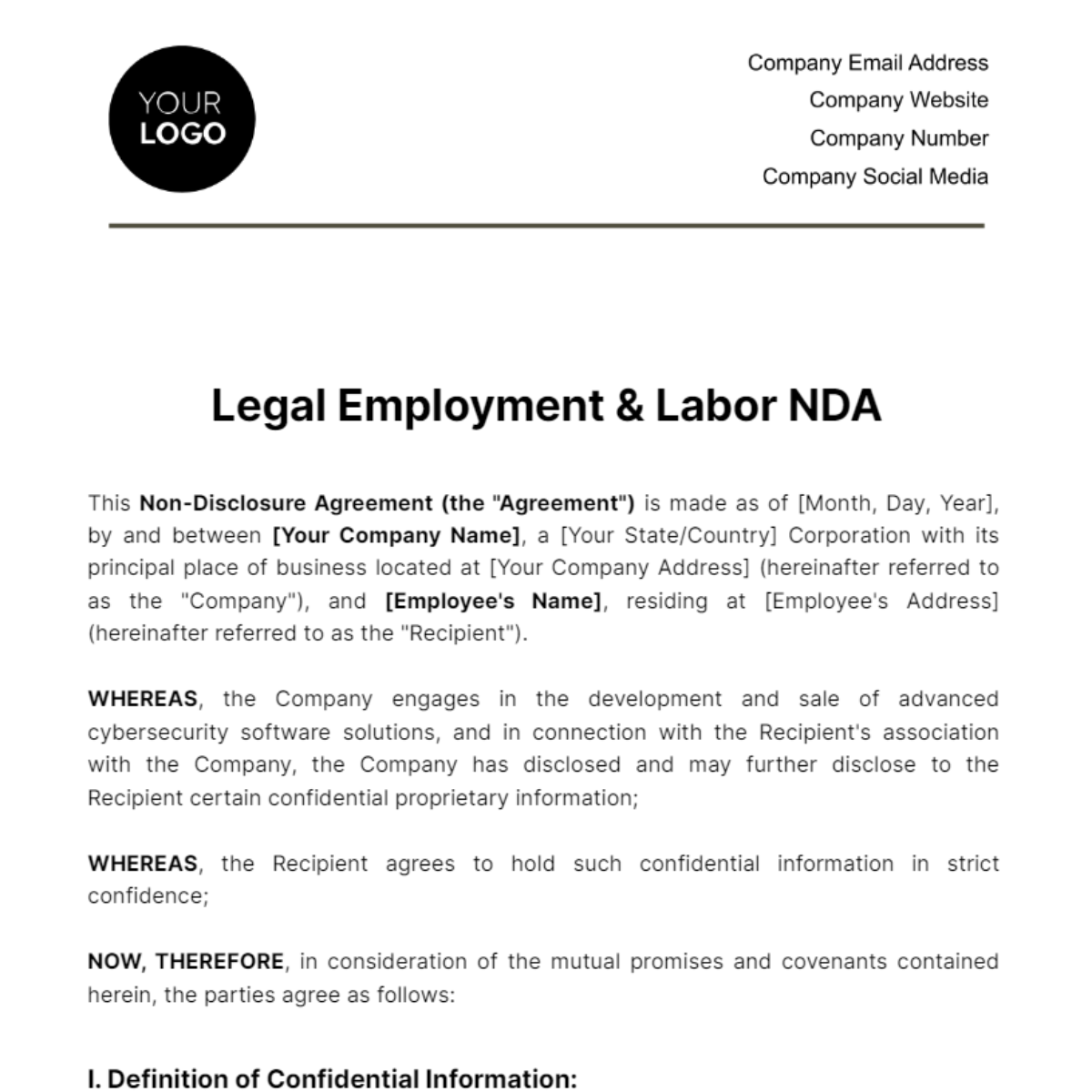 Free Legal Employment & Labor NDA Template