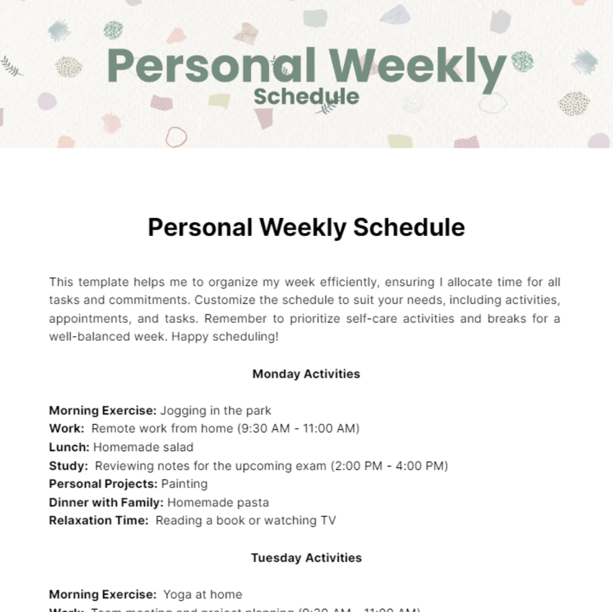 Personal Weekly Schedule Template