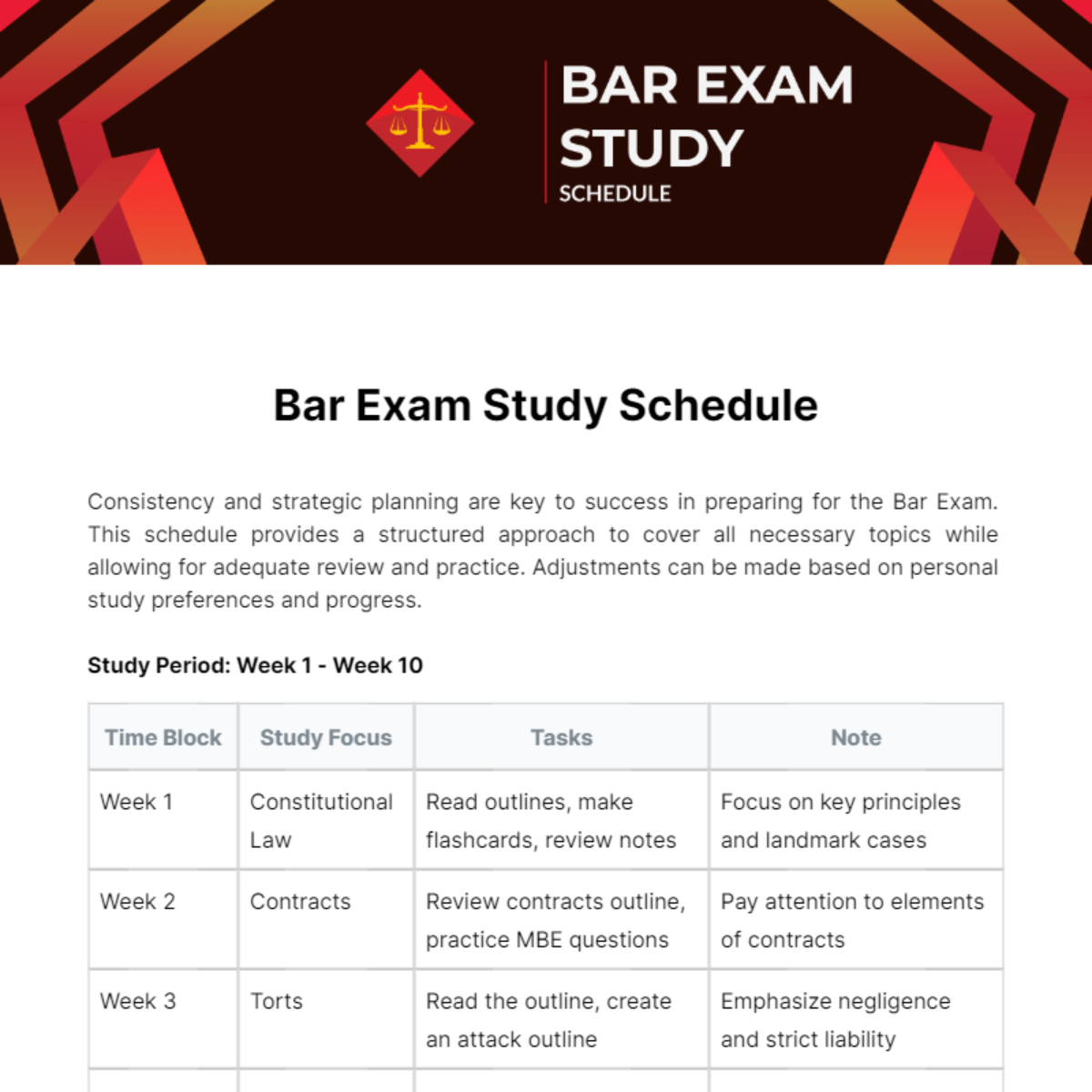 Bar Exam Study Schedule Template