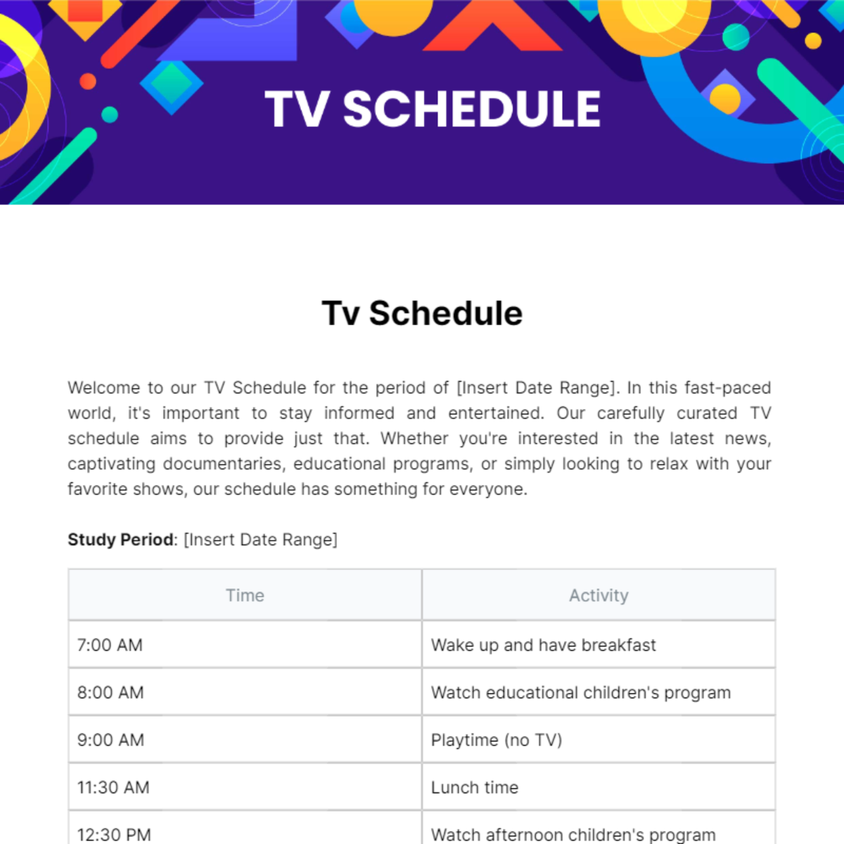 Tv Schedule Template