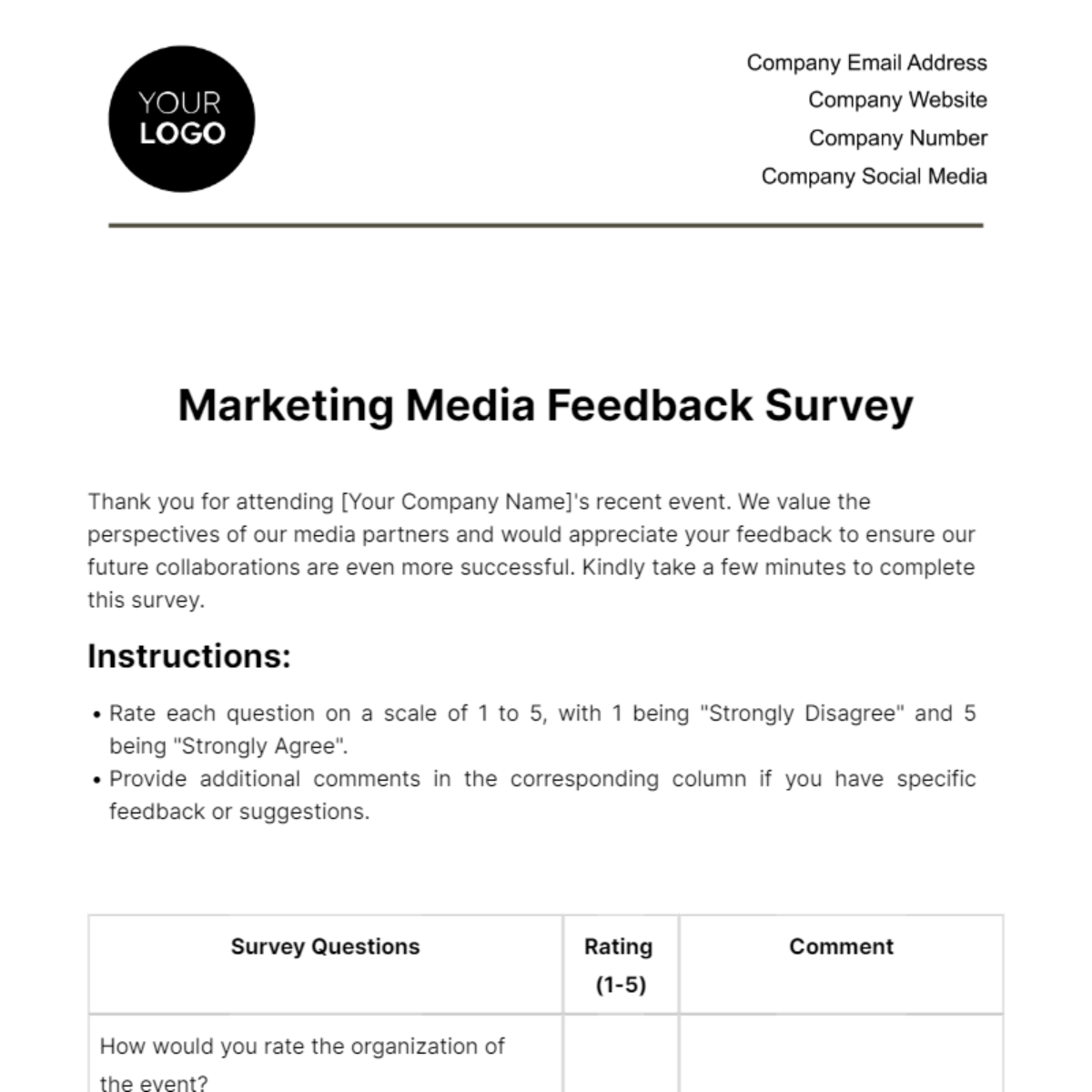 Marketing Media Feedback Survey Template