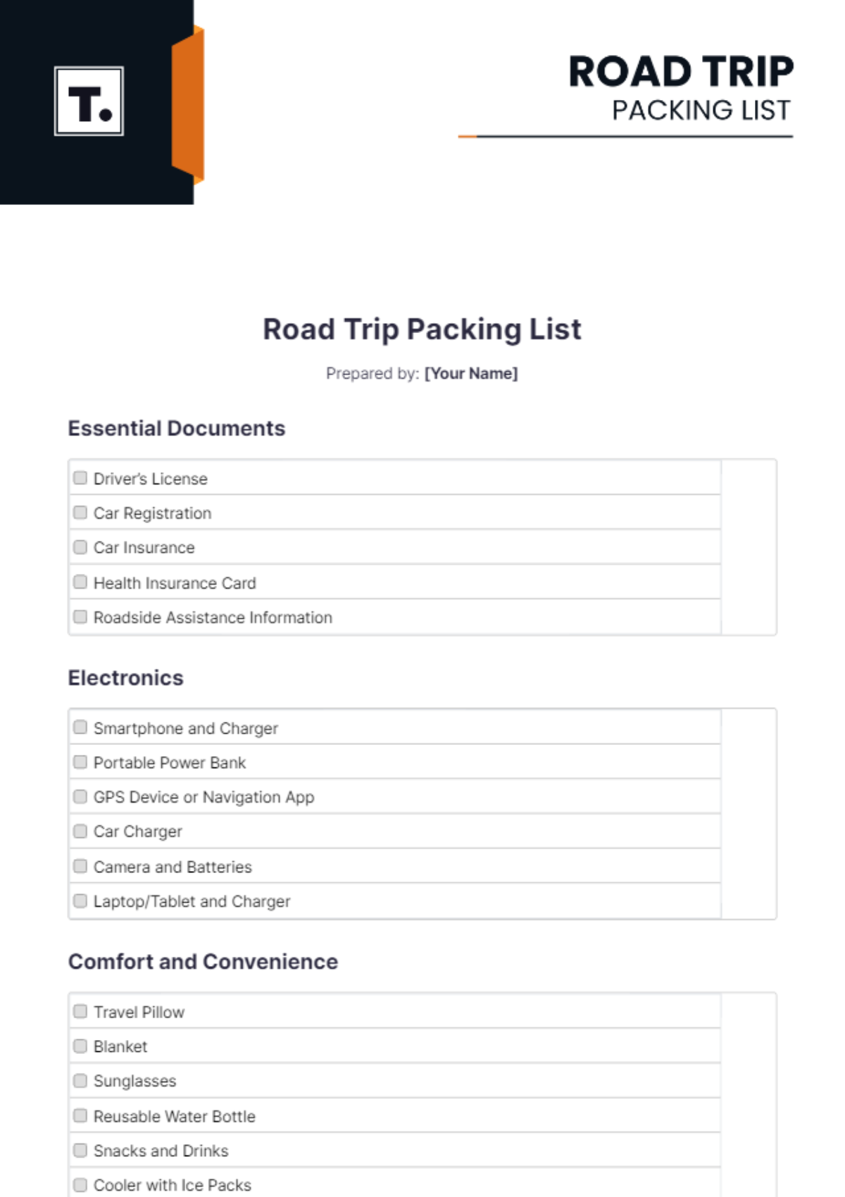 Road Trip Packing List Template - Edit Online & Download