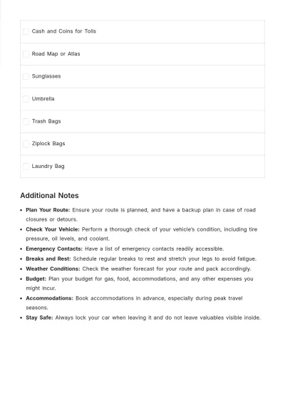 Free Road Trip Packing List Template to Edit Online