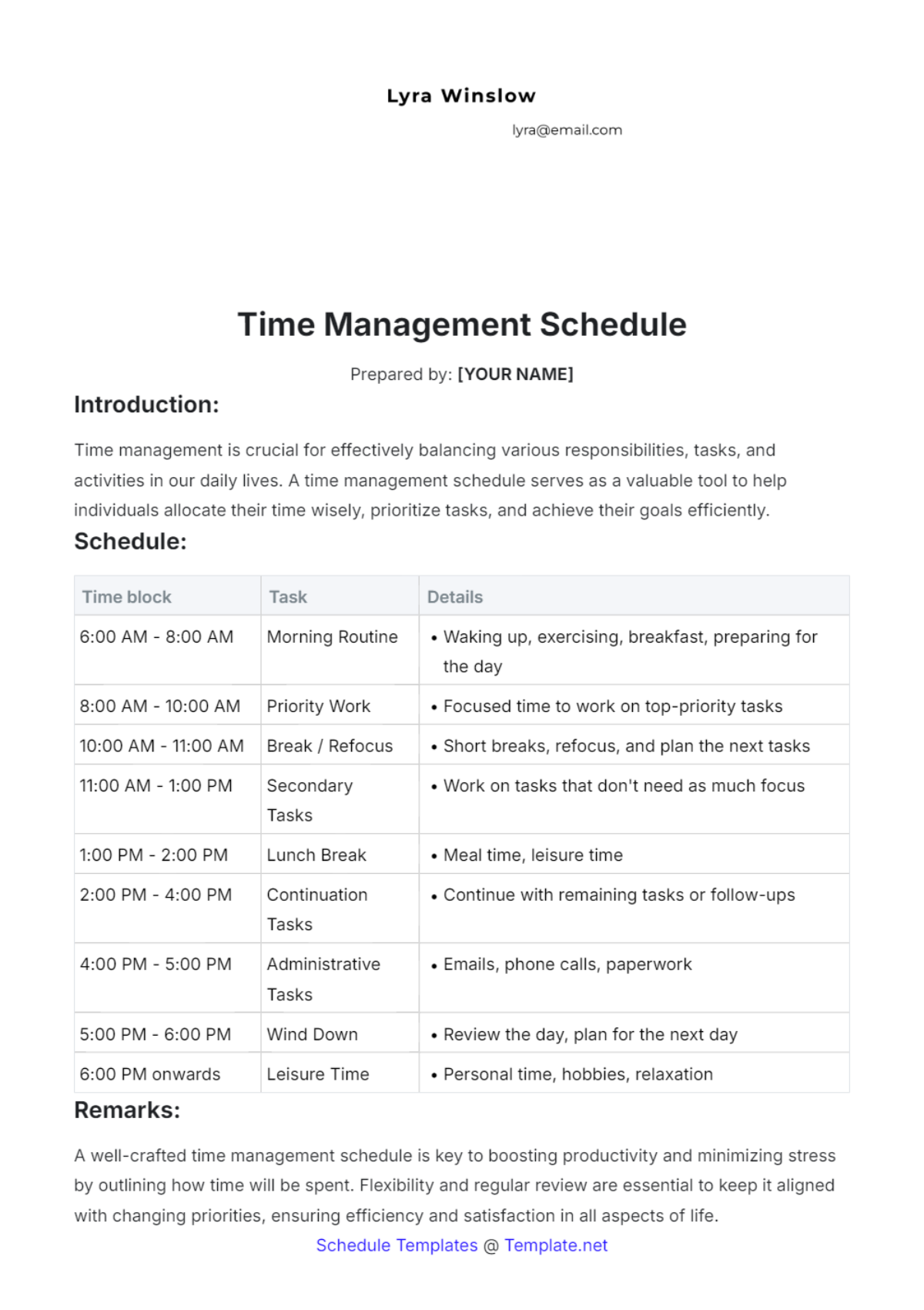 Time Management Schedule Template