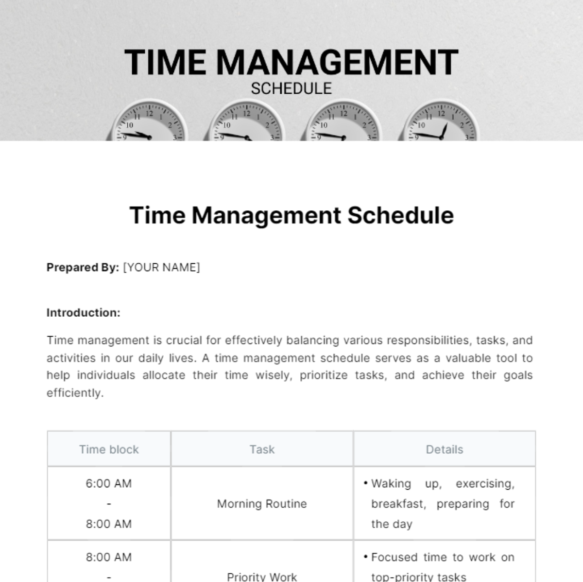 Time Management Schedule Template