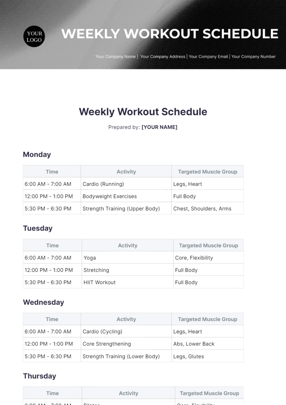 Weekly Workout Schedule Template - Edit Online & Download