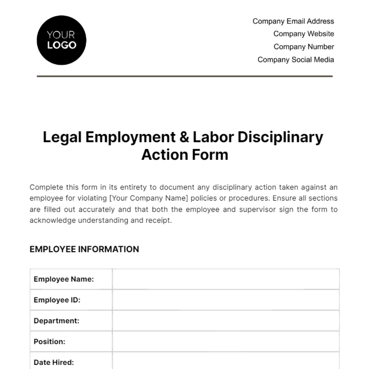 Legal Employment & Labor Disciplinary Action Form Template